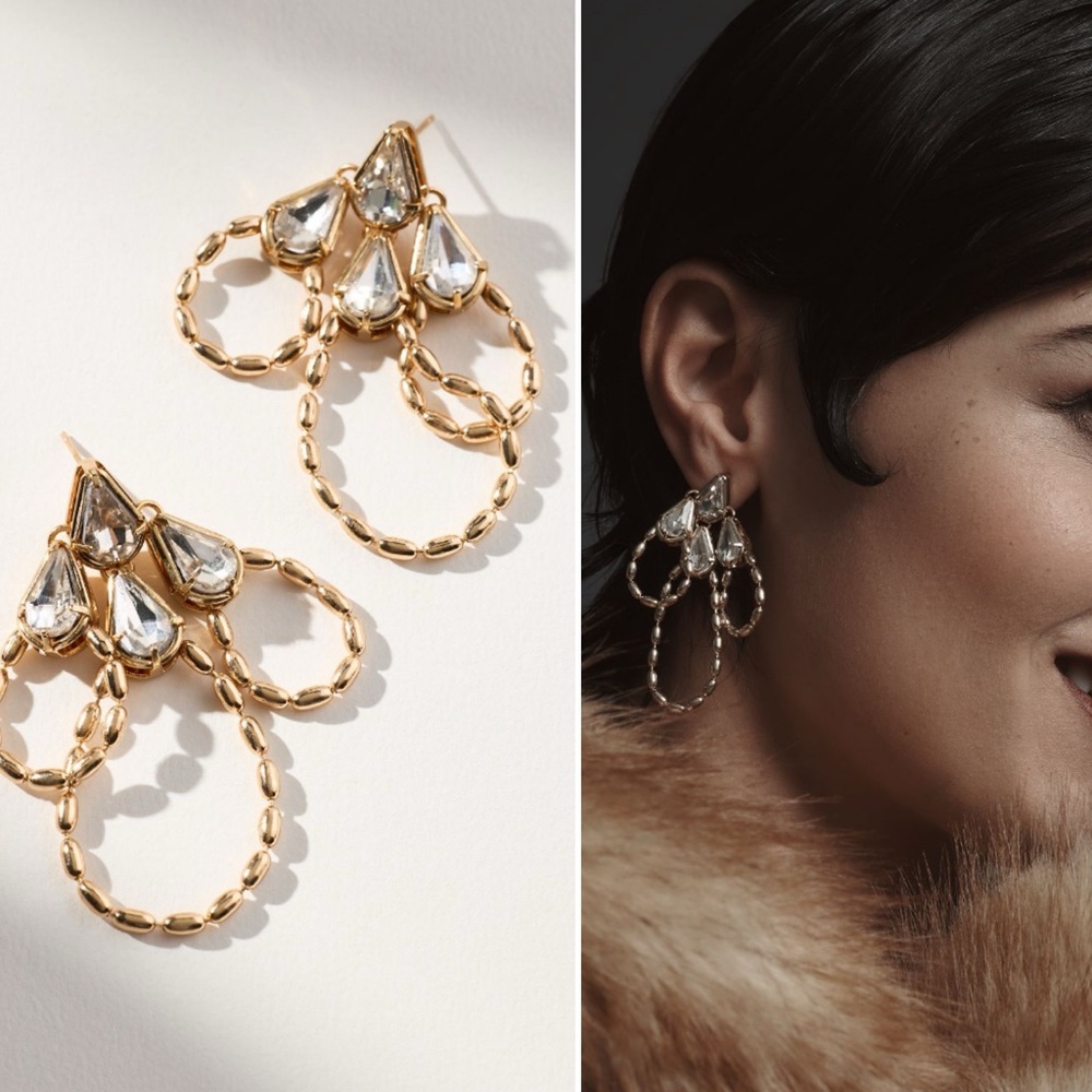 Anthropologie Crystal Scallop Drop Earrings in Gold NWT
